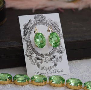 Peridot Green Aurora Crystal Earrings - Large Oval