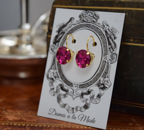 $10 Treats! Dark Pink Swarovski Crystal Earrings - Small Oval