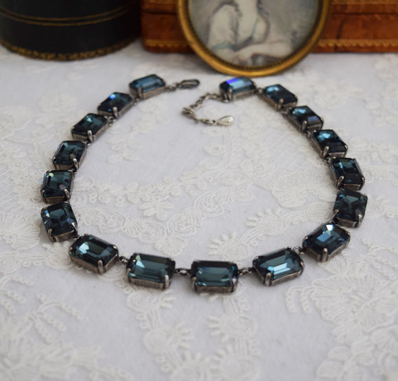 Navy Blue Aurora Crystal Collet Necklace - Large Octagon