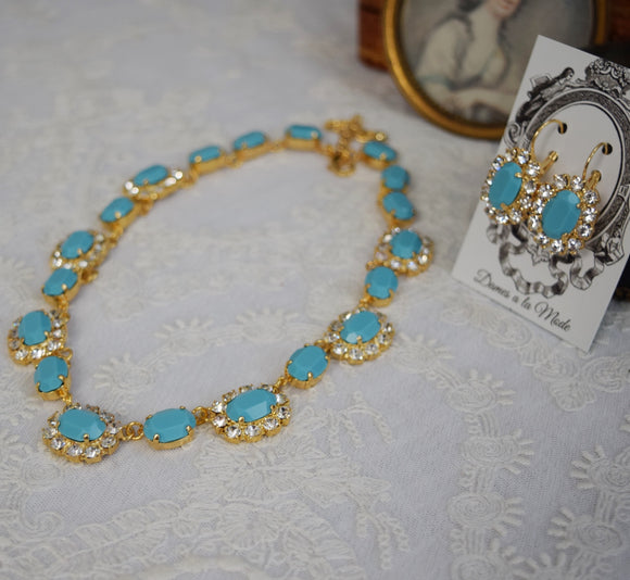 Turquoise and Crystal Swarovski Halo Necklace - Medium Oval