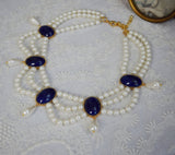 Pearl and Lapis Triple Strand Festoon Necklace