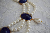 Pearl and Lapis Triple Strand Festoon Necklace