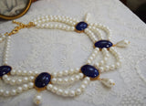 Pearl and Lapis Triple Strand Festoon Necklace