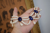 Pearl and Lapis Triple Strand Festoon Necklace