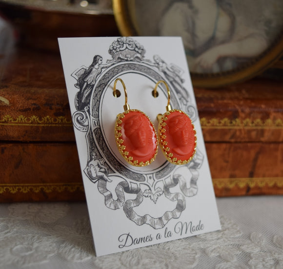 Coral Cameo Crown Earrings