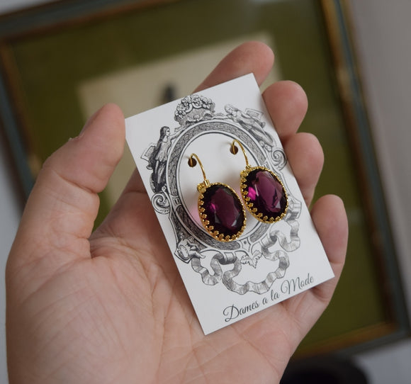Amethyst Purple Crown Earrings - Large Oval