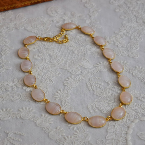Pale Pink Stone Collet Necklace - Large Oval