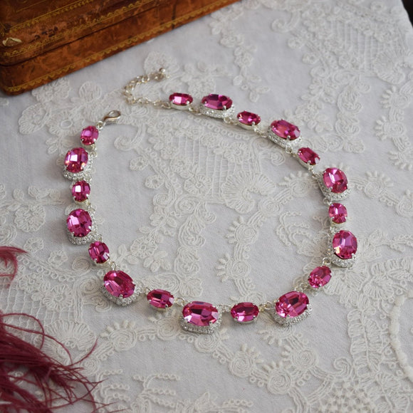 Bright Pink Swarovski Crystal Halo Necklace - Large Oval