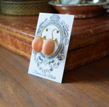 Coral Pink Crown-Set earrings - Large Oval