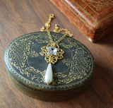Renaissance Filigree and Crystal Pendant with Pearl Dangle