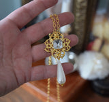 Renaissance Filigree and Crystal Pendant with Pearl Dangle