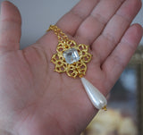 Renaissance Filigree and Crystal Pendant with Pearl Dangle