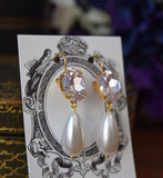 Blush Pink Crystal and Pearl Dangles - Medium Oval Stones, Large Pearls