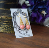 Pink Coral and Filigree Teardrop Earrings