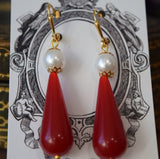 Red Coral and Pearl Teardrop Earrings