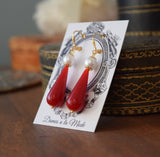 Red Coral and Pearl Teardrop Earrings