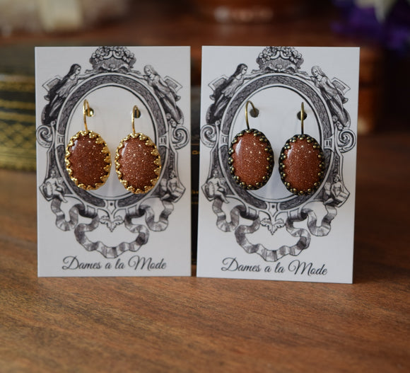 Goldstone Crown Earrings - Large Oval