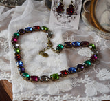 Jewel Tone Harlequin Aurora Crystal Collet Necklace - Medium Oval