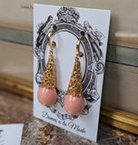 Pink Coral and Filigree Teardrop Earrings