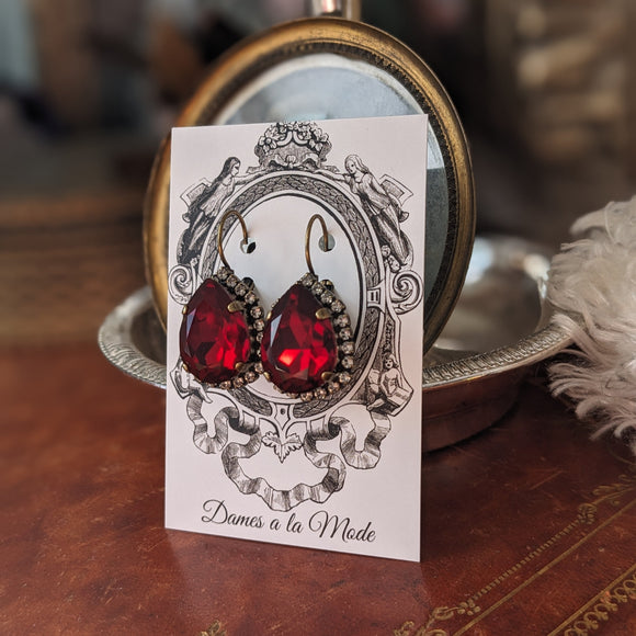 Garnet Red Aurora Halo Crystal Earrings - Large Teardrop