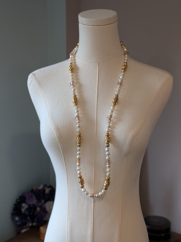 Long Renaissance Necklace - Pink, Gold, and Pearl