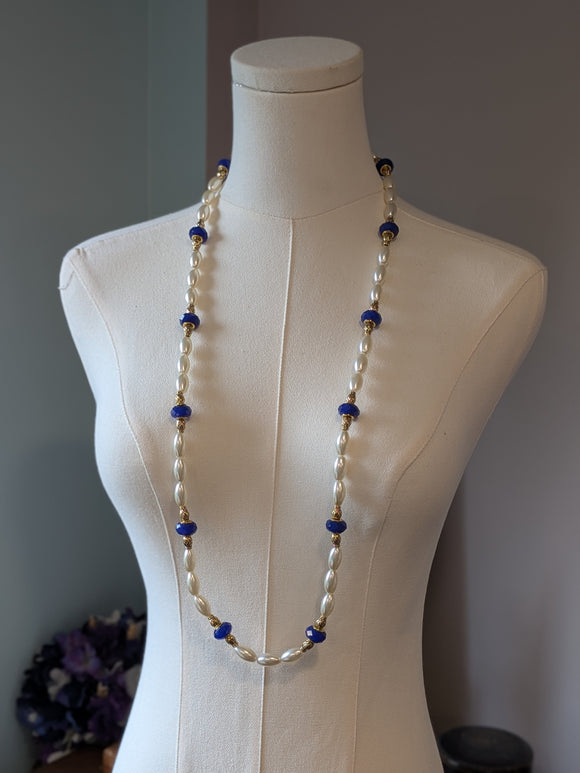Long Renaissance Necklace - Blue, Dark Gold, and Pearl