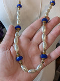 Long Renaissance Necklace - Blue, Dark Gold, and Pearl
