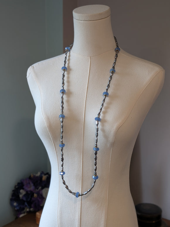 Long Renaissance Necklace - Grey Pearl and Blue Opal