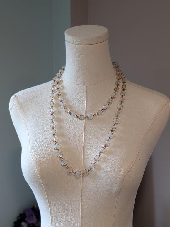 Long Necklace - Glass White Frosted Beads