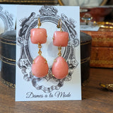 Pink Coral Two-Stone Earrings - Medium Square, Large Teardrop