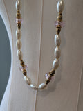 Long Renaissance Necklace - Pearl, Antique Gold, and Pink