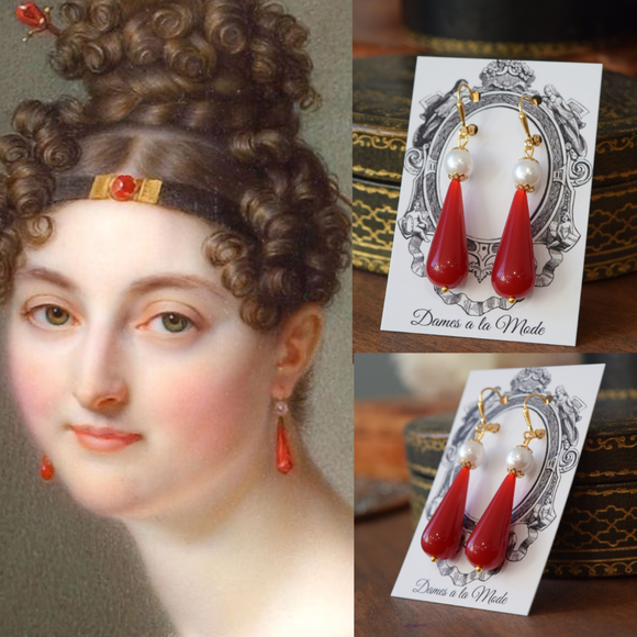 Red Coral and Pearl Teardrop Earrings