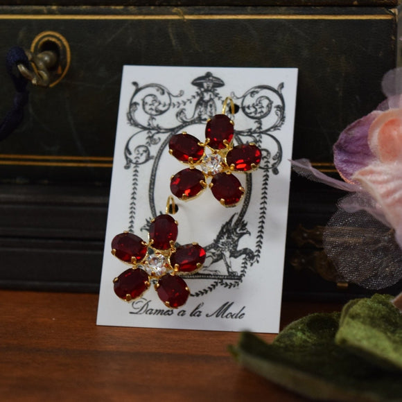 Floral Earrings - Swarovski Garnet Small Oval Stones