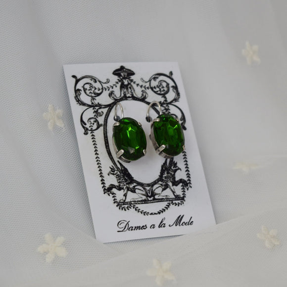 Leafy Green Crystal Earrings - Large Oval