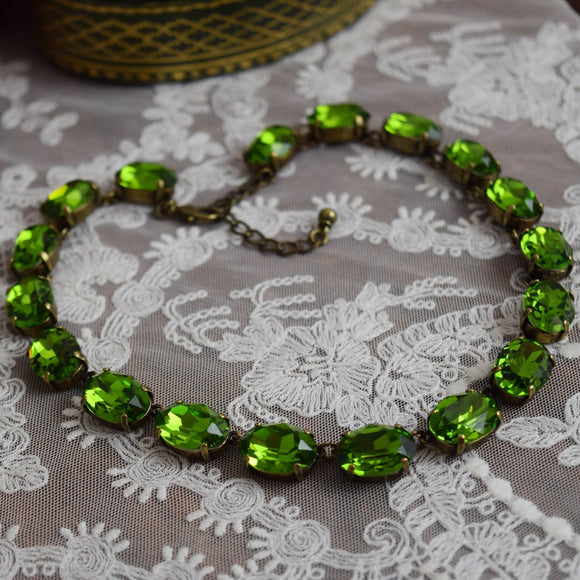 Olive Green Aurora Crystal Collet Necklace - Large Oval