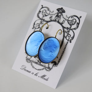 Blue Glass Cameo Earrings - Extra Large Ovals