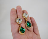 Emerald Teardrop Crystal Halo Earrings - Two Stone