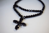 Black Double Stranded Cross Necklace - Glass Jet