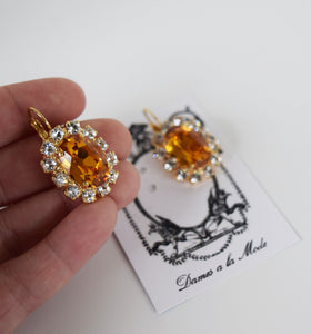 Orange Topaz Swarovski and Crystal Cluster Earrings - Large Oval