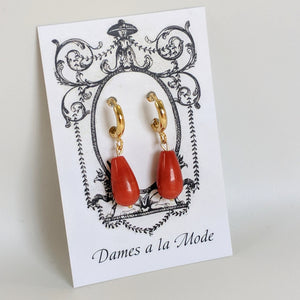 Small Orange Coral Glass Hoop Earrings