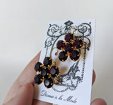 Floral Earrings - Garnet Round Crystals