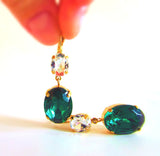 Emerald and Crystal Earrings - Large Oval 2 stone Dangles