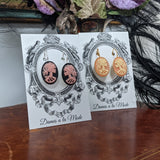 Skeleton Skull Cameo Earrings - Pink and Black - Large Oval