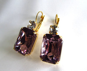 Light Amethyst Purple Crystal Earrings - Large Octagon 2 stone